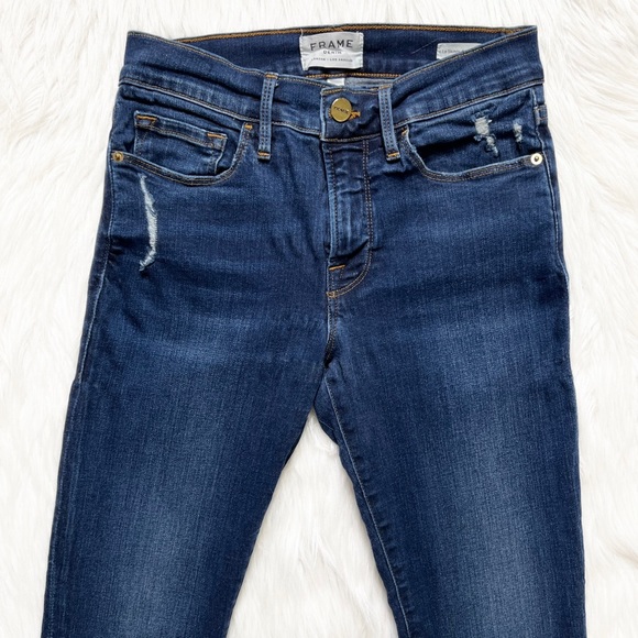 Frame Distressed Fringe Hem V Notch Cuffed Cropped Medium Wash Skinny Jeans - Picture 3 of 12